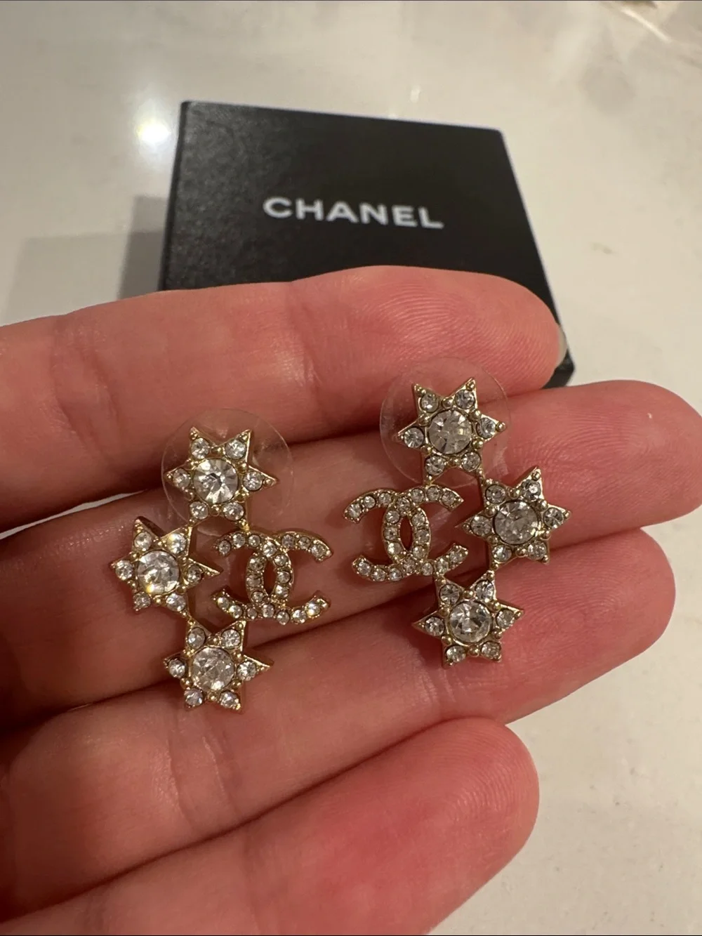 CHANEL Gold Crystal Star & CC Drop Earrings